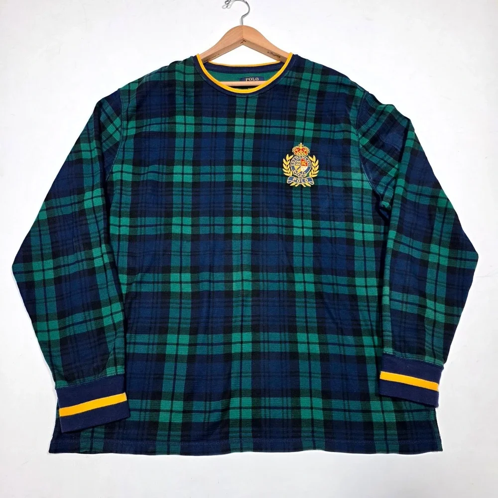 Polo Ralph Lauren Sleepwear Mens 2XL Green Plaid Thermal Long Sleeve Crest Logo